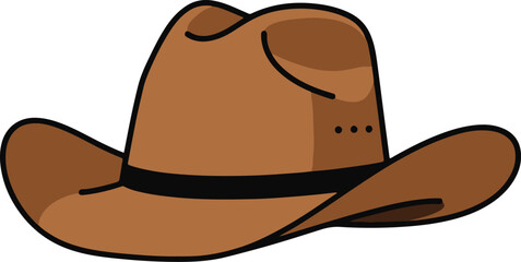 A simple vector illustration of a brown cowboy hat with a black hatband and a gently curved brim, depicted with a subtle outline and shading.