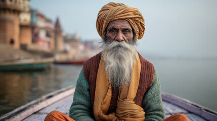 Holy man with turban and beard sitting peacefully on the Ganges River
