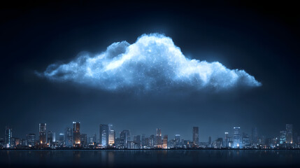 Fototapeta premium Futuristic Cityscape with Digital Cloud Network, Modern Urban Skyline, Data Connection, Technology Concept, Glowing Buildings, Night Scene, Blue