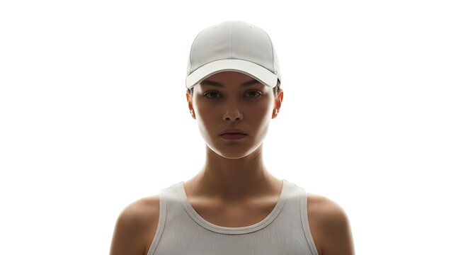 High key portrait of a young woman in a white baseball cap looking at the camera.