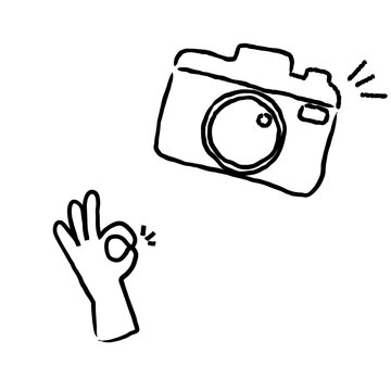手描きのカメラとOKサインのイラスト