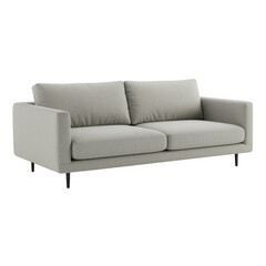 Modern light grey fabric sofa with black legs isolated on transparent background