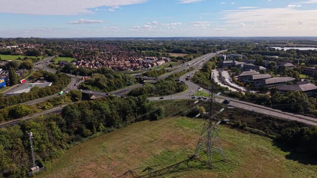 Aerial video of high voltage power lines UK power grid 