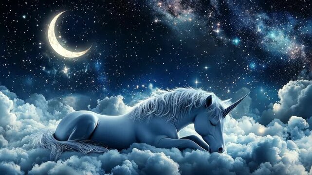Dreamy unicorn sleeping peacefully on clouds under a starry night sky.
