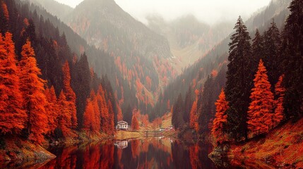 Autumn Forest Landscape with Reflective Lake and Mountain Background