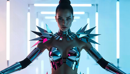 A striking model showcases a bold, futuristic outfit made of reflective materials and sharp, spiked elements. The vibrant lighting enhances the edgy aesthetic, creating a captivating visual experience