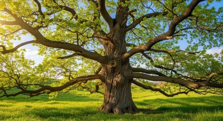 Fototapeta premium Majestic oak tree with sprawling branches and vibrant green leaves bathed in sunlight, standing tall in a lush meadow on a bright spring day