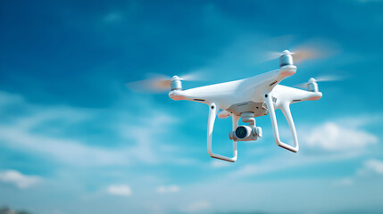 A modern white quadcopter drone with a camera hovers in the bright sky.
