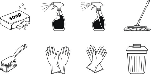 Cleaning tools line icon set, soap, spray bottle, mop, brush, gloves, trash bin, hygiene equipment, household supplies vector illustration