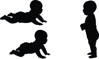 Baby silhouette vector set, crawling and standing poses, infant development illustration, black figure graphic, child growth stages for stock content use
