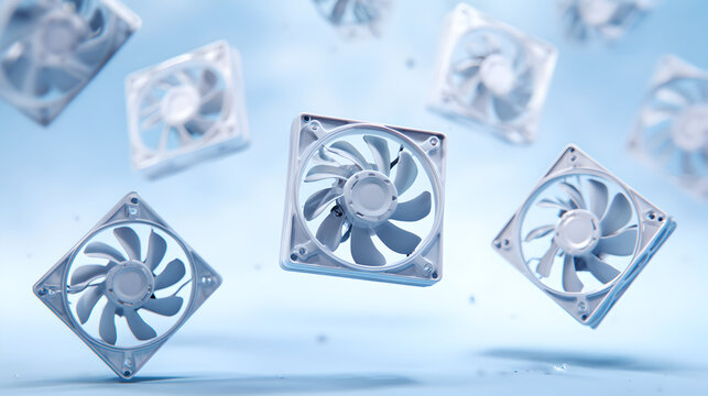 Multiple server cooling fans are suspended gracefully in a clean bright blue sky.
