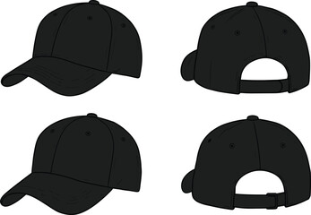  Black baseball cap vector illustration, front and back view, blank hat design template, sportswear fashion accessory, adjustable strapback headwear mockup
