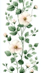 Seamless Pattern with Delicate Floral Vines and Wildflowers on Vertical Stripes, Pastel Green