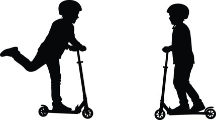  Child silhouette on scooter, outdoor activity, helmet safety, riding posture, playtime motion, black vector illustration, kids exercise, three-wheel scooter pose © MdShahin