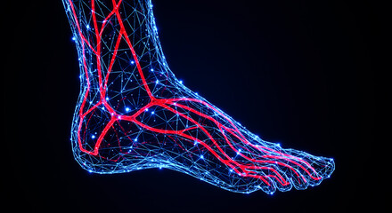 Human foot anatomy showing veins and arteries in a digital wireframe