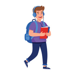 Joyful male student walking with headphones and textbooks