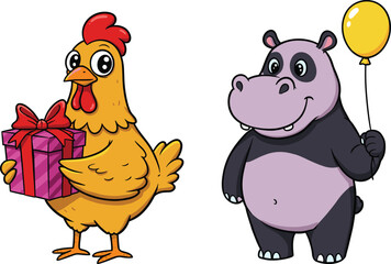 Funny cartoon chicken holding gift box, cute hippo with yellow balloon, adorable animal characters, vector mascot illustration for kids design