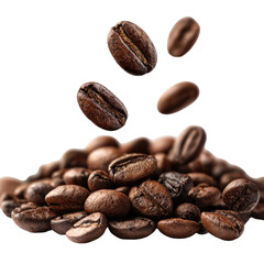 Freshly roasted coffee beans falling and piling up aromatic brew ingredient macro shot