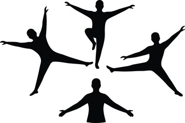  Dance and gymnastics silhouette, black vector illustration, expressive human motion, athletic pose, jumping figure, balance movement, physical activity, dynamic posture, fitness concept