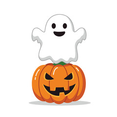 Cheerful ghost standing atop a grinning jack-o
-lantern