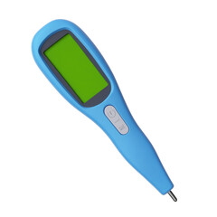 Blue digital medical thermometer with green display close up realistic product photography