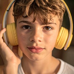 A close-up portrait of a young person with headphones, looking at the viewer