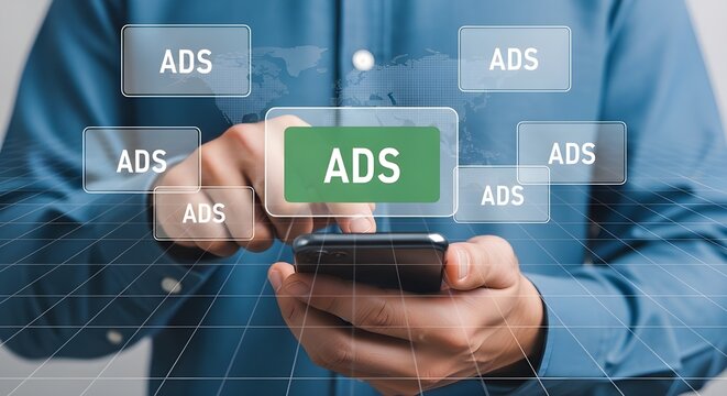 Mobile advertising concept with person holding smartphone and virtual ads icons