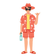 Stylish Man in Hawaiian Attire with Hat Sunglasses and Drink Bottle