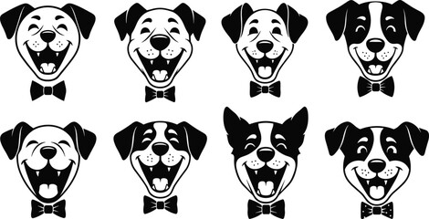 Naklejka premium Happy dog face illustration, cartoon style, black and white sketch, bow tie dogs, cheerful expression, pet character design, cute art