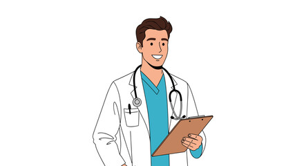 Fototapeta premium A friendly smiling doctor in a white coat holds a clipboard and a stethoscope around his neck ready to provide medical assistance and care.