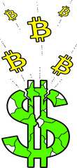 Bitcoin breaking out of a cracked Dollar sign. Concept of cryptocurrency disrupting traditional fiat money