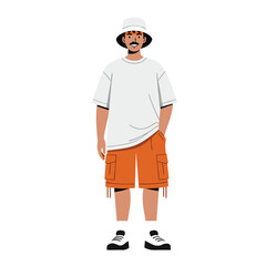Young Man in Stylish Streetwear: Bucket Hat T-Shirt Cargo Shorts