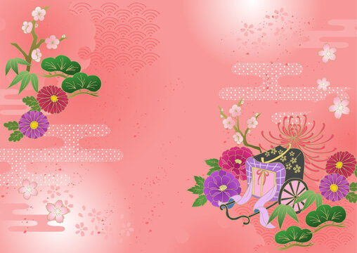お正月 和風 和柄背景 松竹梅 御所車 牡丹 菊 年賀状 ピンク New Year Japanese pattern background Pine, bamboo, plum, peony, chrysanthemum, New Year's card, pink