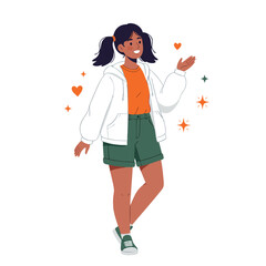 Cheerful Young Girl Waving with Hearts and Stars Flat Design