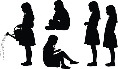  Girl silhouette, watering plants, sitting cross-legged, standing calmly, child poses, black vector, everyday activity, child behavior, posture collection, white background