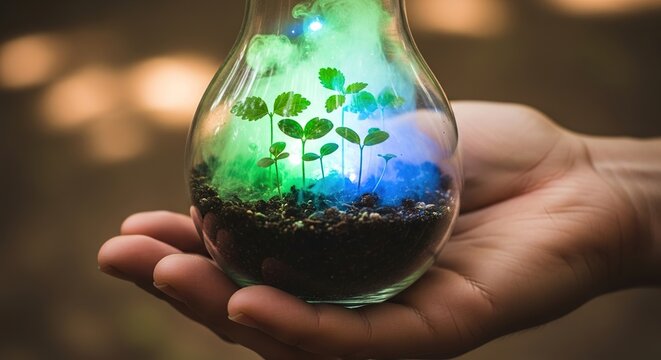 Hand cradles glowing lightbulb terrarium with vibrant green sprouts, symbolizing eco-innovation and sustainable growth.