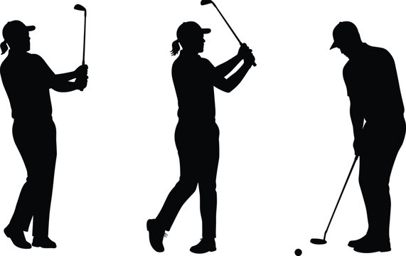 Golf silhouette vector set, club swinging and putting poses, athletic posture illustration, black figure graphic, sports movement for stock content use