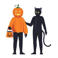 Friends in Halloween costumes: pumpkin head and black cat enjoying holiday
