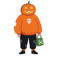 Stylish person in pumpkin sweater holding a spooky trick-or-treat bag