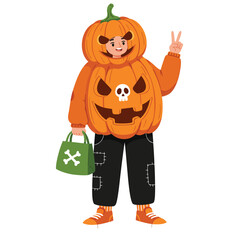 Cheerful person in double pumpkin costume doing peace sign for Halloween