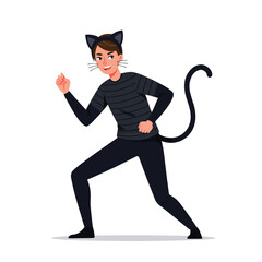 Energetic person in black cat costume striking a playful pose