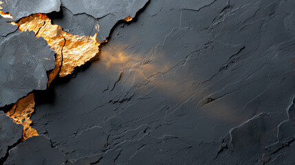Dark cement presents rugged and weathered texture, revealing cracks of golden warmth that glow with captivating, mysterious allure