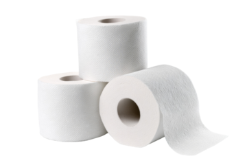 Three soft white toilet paper rolls stacked in a compact arrangement