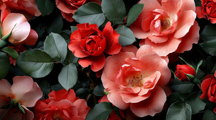 Lush red roses form seamless texture, vibrant and full of life. blooms convey feeling of romantic lushness and deep, passionate beauty