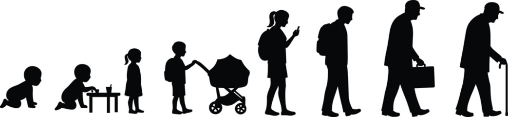  Human life stages silhouette, age progression vector, baby to elderly illustration, black figures on white background, aging concept art, development timeline design