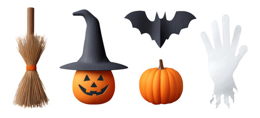 Isolated Halloween Elements Including Broom, Pumpkin, Hat, Bat, and Glove