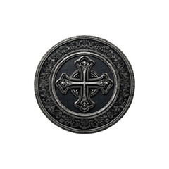 Ancient bronze medal with detailed engraving vintage metallic round award antique collectible historical object isolated on white background