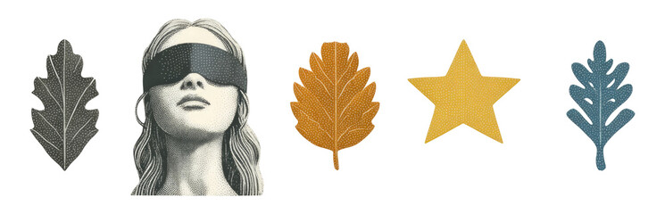 Artistic Composition Featuring Woman with Blindfold and Decorative Leaves and Shapes