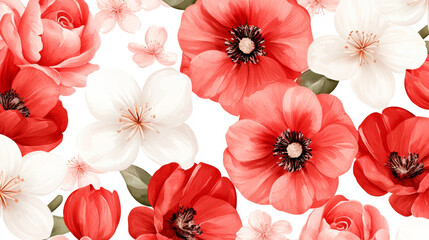 Impressionistic floral blooms joyfully and seamlessly with vibrant reds and whites, creating gigapixel high fidelity visual delight, offering touch of elegance
