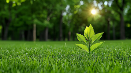 Calming green meadow evokes feelings of peace and rejuvenation as tiny plant reaches for sun, surrounded by lush grass and trees